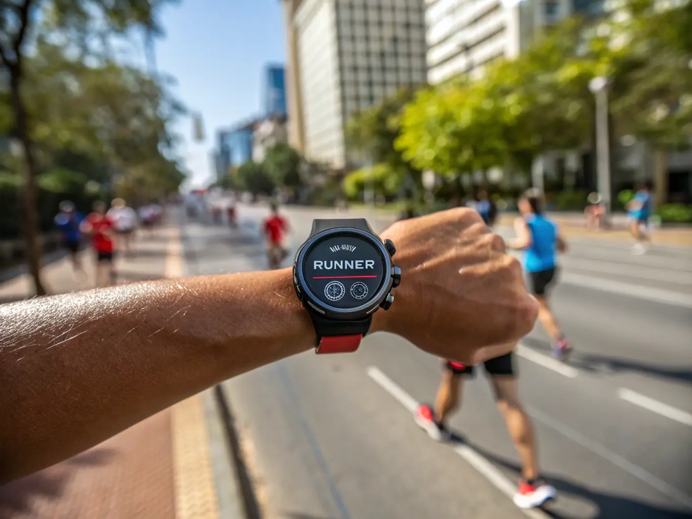 A high-resolution image of a Garmin Forerunner watch on a runner's wrist, displaying real-time performance metrics such as heart rate and pace, set against a scenic outdoor running trail.