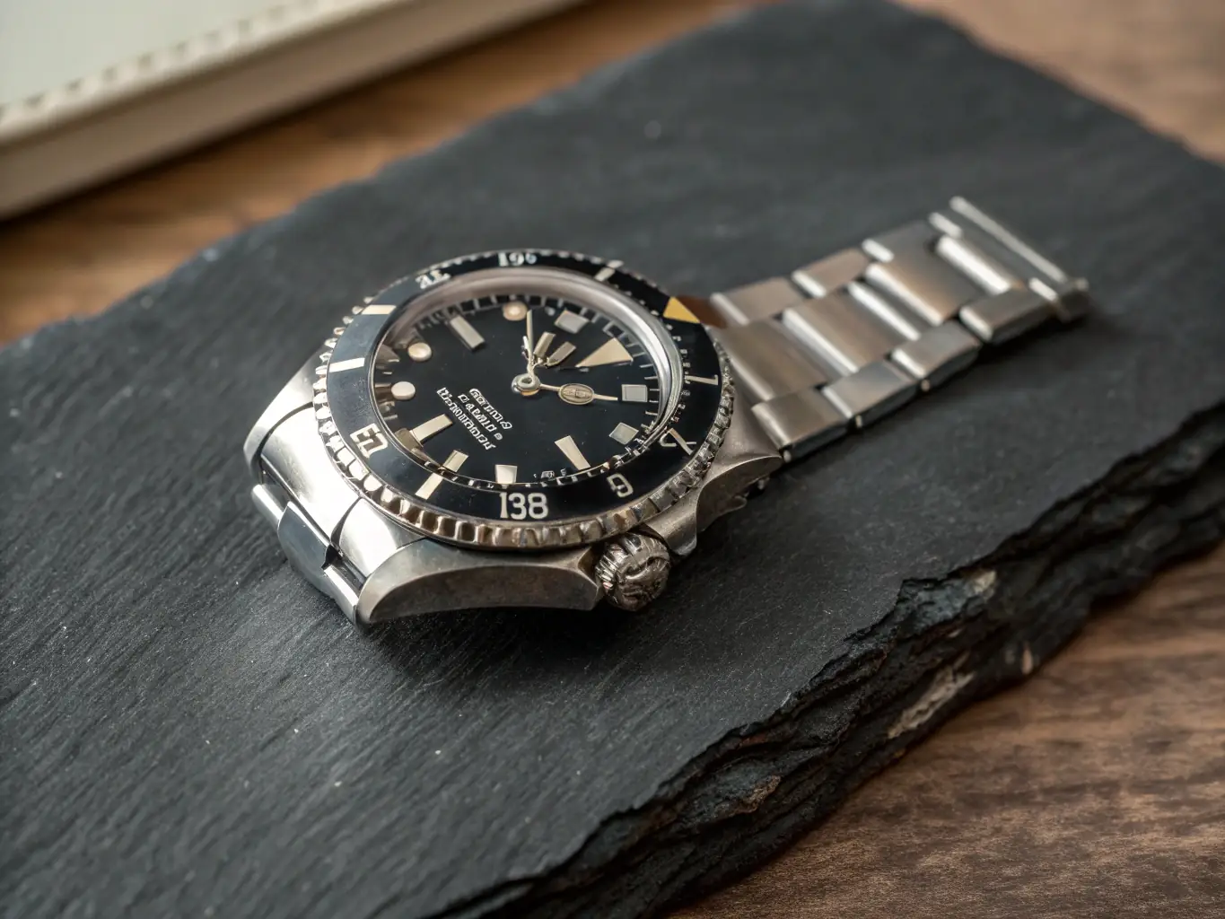 A close-up shot of a Rolex Submariner watch, highlighting its robust stainless steel case and scratch-resistant sapphire crystal, with a focus on its durability and timeless design.