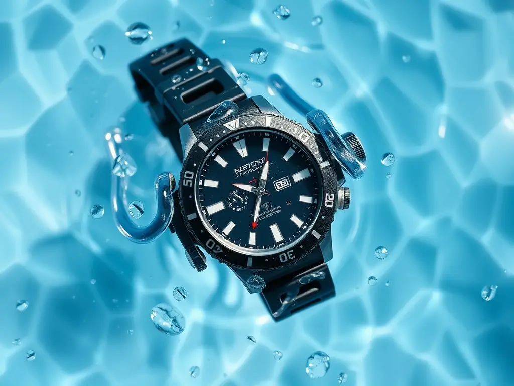 A close-up shot of a Casio G-Shock watch submerged in water, showcasing its water resistance and rugged design, with droplets of water glistening on the watch face and strap.